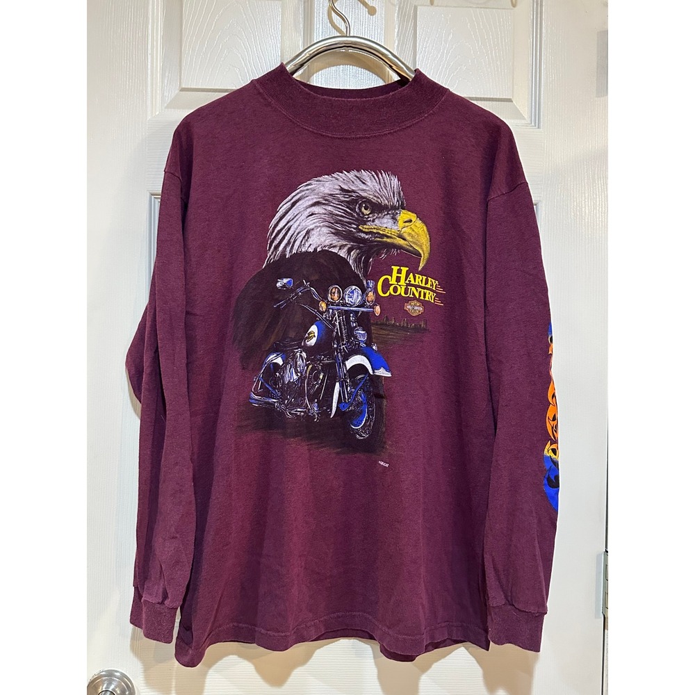 Vintage 90s Harley‎ Davidson Long Sleeve Mens Large Maroon Eagle Harley  Flames